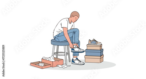 A young man tests out his newly purchased sneakers, surrounded by shoeboxes, sitting on a stool in a minimalistic style scene that conveys everyday