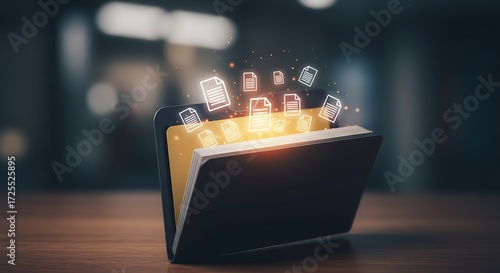 Open Book with Glowing Document Icons: A Warm, Digital Art