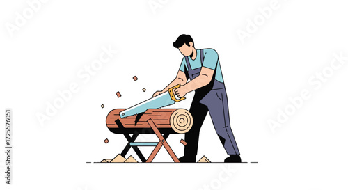 Craftsman expertly sawing a wooden log with precision showcasing traditional woodworking techniques and creating splinter details in vector art style