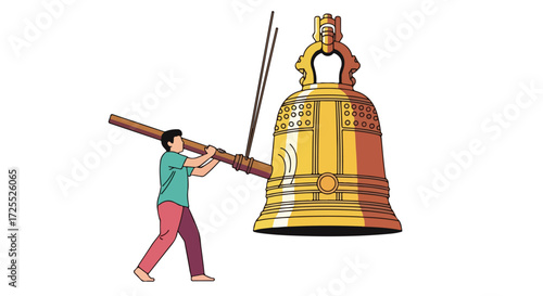 Man Ringing a Large Golden Bell with Wooden Striker in Asian Temple Illustration, A Symbolic Ritual of Faith and Tradition Depiction