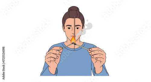 Portrait of a person attempting to light three matches simultaneously creating a visual metaphor for balance, risk and ingenuity