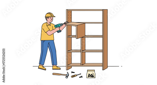 Illustrative shelving unit assembly: A craftsman using power tools to construct a bookshelf for home storage and organization concepts