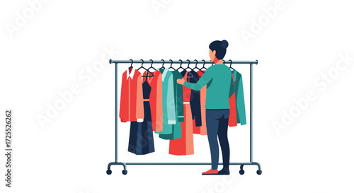 Fashion Decision: A Woman's Wardrobe Selection Process with Colorful Clothes on a Garment Rack in a Boutique or her Wardrobe
