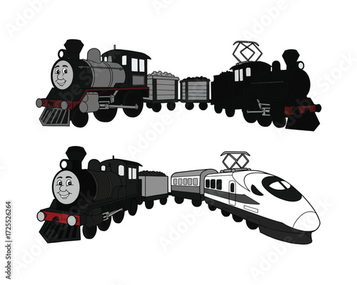 Two charming cartoon trains one steam locomotive and one modern electric bullet train connected in a playful illustration