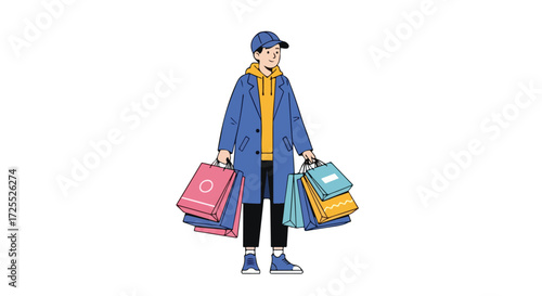 Stylish shopper: Cartoon illustration of a young man loaded with shopping bags against a clean white backdrop