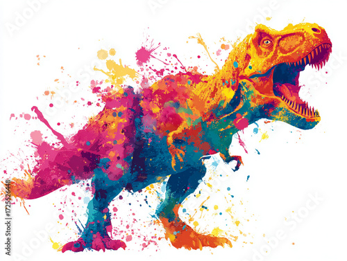 Roaring dinosaur silhouette filled with splashing colorful inks on white