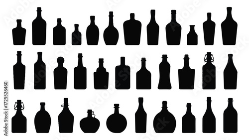 A black and white silhouette illustration of various liquor bottles arranged in three rows against a white background