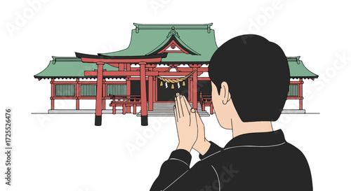 Illustration depicting a person praying at a Shinto shrine expressing reverence and seeking spiritual solace in a serene environment showcasing