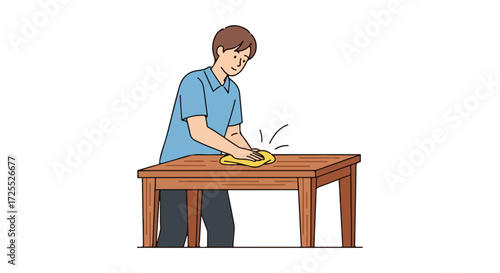 Illustration of a diligent individual meticulously cleaning a wooden table with a cloth, emphasizing domestic chores and hygiene 52 characters