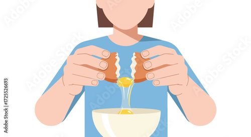Egg cracking preparation illustration, food preparation demonstration showcasing the art of baking and culinary skill egg separating bowl held by a