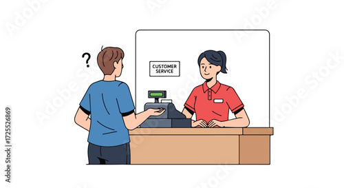 Confused customer seeking assistance at the cashier counter in retail establishment portrays service dilemma at checkout with helpful store assistant