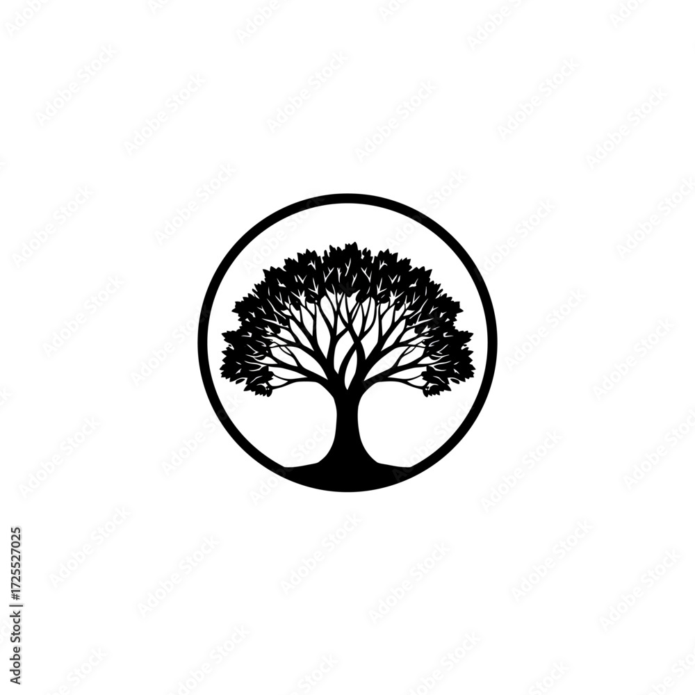 Naklejka premium Silhouette of a tree with wide branches in a circular frame, black on white, logo design.