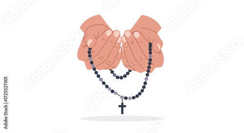 Hands holding rosary beads in a gesture of prayer, faith, spirituality and religious devotion depicted in minimalist style, symbolic act of worship