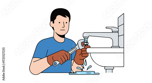Skilled Handyman Repairing a Leaky Faucet with Precision and Expertise in a Modern Bathroom Setting showcasing plumbing solutions with meticulous care