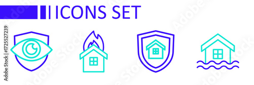 Set line House flood, with shield, Fire in burning house and Shield and eye icon. Vector