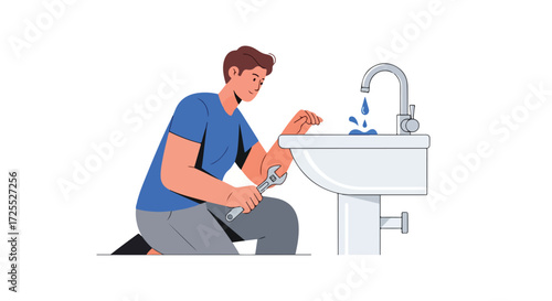 Illustration of a plumber kneeling fixing a leaking sink with a wrench looking at his work with focus and satisfaction