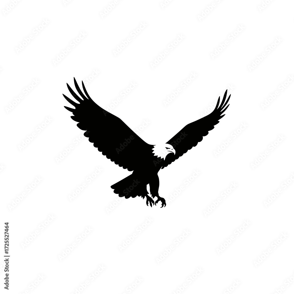 Fototapeta premium Silhouette of a flying eagle with wings spread wide, simple and bold, black on white, flat vector logo.