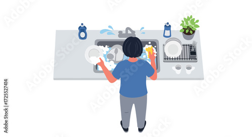 A person facing away from the viewer, diligently washing dishes in a well lit kitchen with plant and soap dispensers, showcasing domesticity and