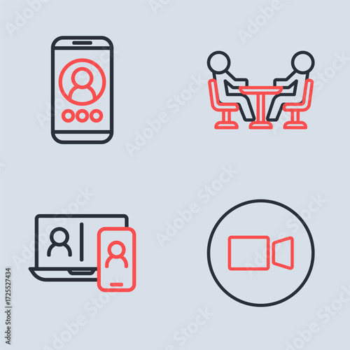 Set line Meeting, Video chat conference, and icon. Vector