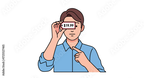 Person holding a price tag over his eye pointing towards it showing value or affordable prices or special offers concept