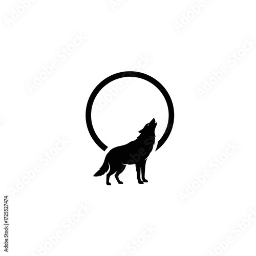Silhouette of a wolf howling at the moon, simple vector logo, black and white.