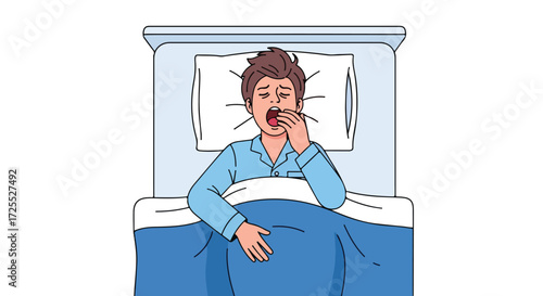 Exhausted man in bed, yawning broadly, showcasing sleep deprivation, and lack of restful sleep, illustrating the universal struggle with early