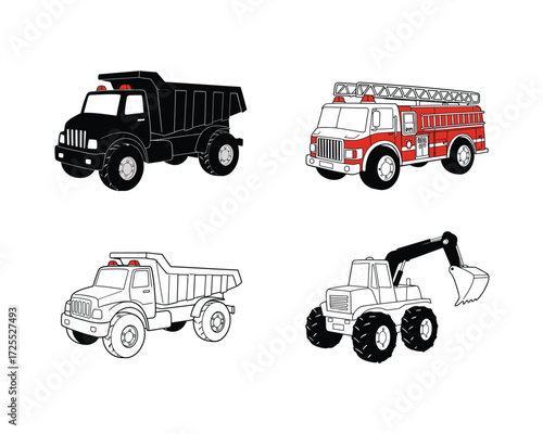 Collection of four distinct vehicle illustrations including a black dump truck a red fire engine a sketch of a dump truck and an excavator