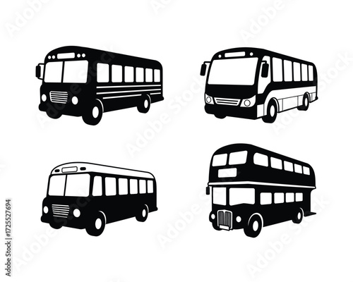 Collection of four hand drawn black and white illustrations of different types of buses including a single decker and double decker bus