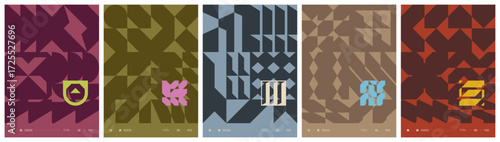 Contemporary art bold minimalistic poster, Abstract postmodern composition with geometric shape in brutalism aesthetics, distortion geometrical contrast ornament, flat avant-garde A4 artwork set 7