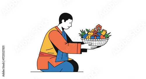 Illustrative depiction of a man offering a vibrant basket brimming with assorted fruits and a present, conveying a sense of generosity and tradition