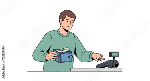 Man making payment using cash and a card machine highlighting traditional and modern finance interaction showcasing financial behavior and