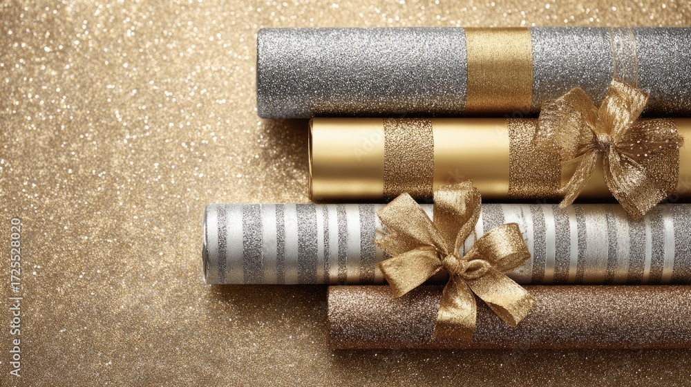 Fototapeta premium Rolls of glittery gold and silver wrapping paper. shiny metallic and glitter Christmas wrapping paper with matching ribbons, glamorous holiday vibe