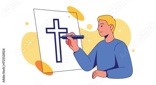 Illustration depicting a blond man artistically creating a cross design on a canvas with marker, utilizing a modern, vibrant style and minimalist