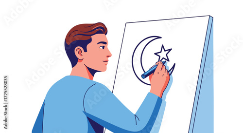 Illustrative drawing of a man sketching a star and crescent symbol on a white canvas, representing islamic art, cultural expression and devotion