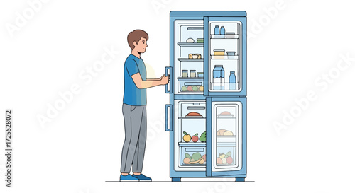 A man opening a fridge full of different types of food and drinks in a brightly lit environment