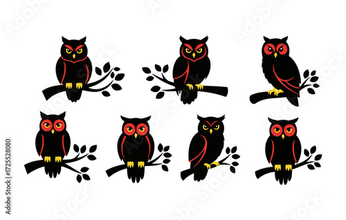 Vector art of collection of stylized owls perched on branches