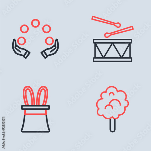 Set line Drum with drum sticks, Magician hat and rabbit ears, Cotton candy and Juggling ball icon. Vector