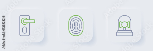 Set line Ringing alarm bell, Fingerprint and door lock icon. Vector