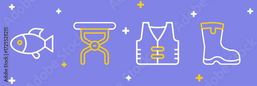 Set line Fishing boots, jacket, Camping folding chair and icon. Vector