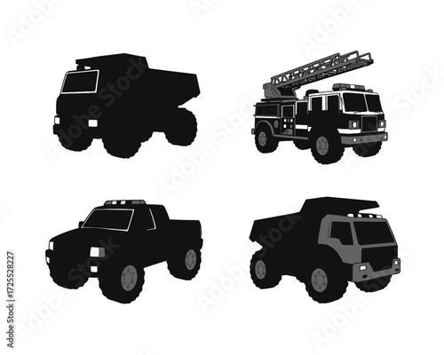 Four distinct heavy duty vehicles including a black dump truck a black fire truck with ladder a black police pickup truck and a gray dump truck