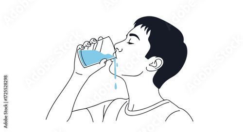 Stylized Illustration of a Man Hydrating with a Glass of Water Against a White Background for Health Awareness