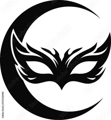 Mysterious masquerade mask centered within a crescent moon silhouette design isolated on transparent background