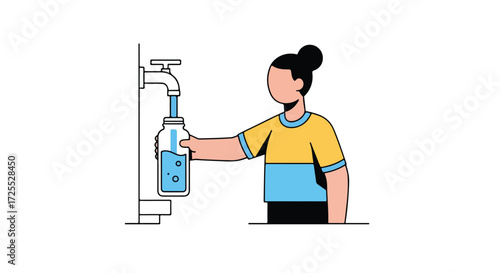 Conceptual illustration depicting a person filling a reusable glass bottle with fresh tap water promoting sustainability and healthy hydration habits