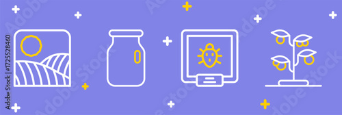 Set line Sprout, Colorado beetle, Glass jar with screw-cap and Agriculture wheat field farm icon. Vector