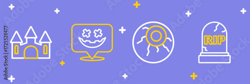 Set line Tombstone with RIP written, Eye, Happy Halloween holiday and Castle icon. Vector