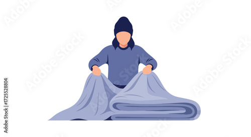 Graphic depiction of a woman folding or preparing a stack of soft fabric in calm blue hues, suggesting domesticity