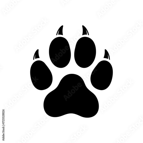A black silhouette icon of a wild animal paw print with four toes and sharp claws isolated on a white background.