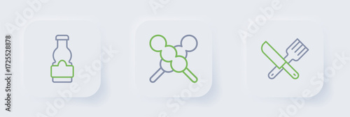 Set line Crossed knife and fork, Meatballs on wooden stick and Sauce bottle icon. Vector