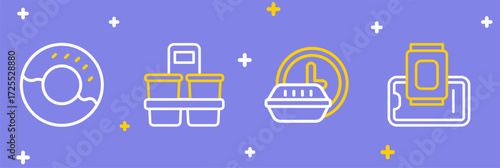 Set line Food ordering on mobile, Round the clock delivery, Coffee cup to go and Donut icon. Vector