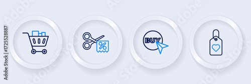 Set line Heart tag, Buy button, Scissors cuts discount coupon and Shopping cart and food icon. Vector